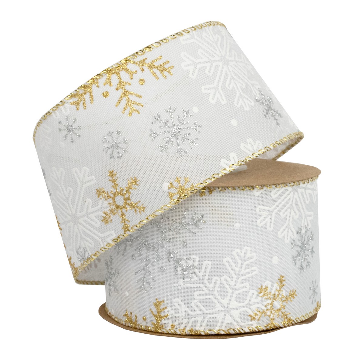 Лента Снежинки (полиэстер), 63 мм 5 м, белый/золотой в интернет-магазине флористических аксессуаров Азалия Декор