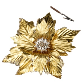 Пуансетия с глиттером на прищепке, D25см, золотой в интернет-магазине флористических аксессуаров Азалия Декор