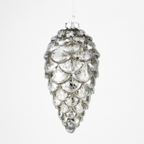 Украшение подвесное Шишка с глиттером (стекло), Н15,5х7,5см, серый в интернет-магазине флористических аксессуаров Азалия Декор