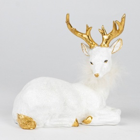 Сувенир Олень лежащий (полирезин), Н15,5х17х8,5см, белый/золотой в интернет-магазине флористических аксессуаров Азалия Декор