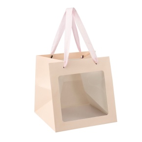 Пакет подарочный с прозрачной вставкой (крафт), 20x20x20см (в уп. 12шт.), розовый в интернет-магазине флористических аксессуаров Азалия Декор