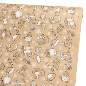 Бумага упаковочная крафт Новогодний подарок 60гр, 70 см 10 м, натуральный/белый в интернет-магазине флористических аксессуаров Азалия Декор