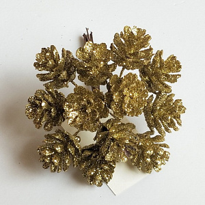 Набор шишек с глиттером на вставках 12шт., D2x2xL10см, золотой в интернет-магазине флористических аксессуаров Азалия Декор