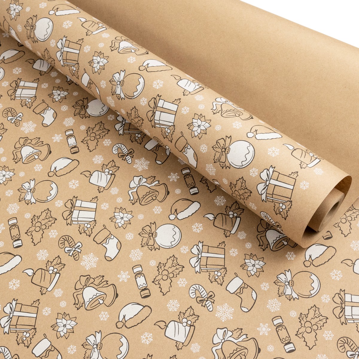 Бумага упаковочная крафт Новогодний подарок 60гр, 70 см 10 м, натуральный/белый в интернет-магазине флористических аксессуаров Азалия Декор