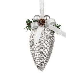 Украшение подвесное Шишка (пластик), H15х7,5см, серебряный в интернет-магазине флористических аксессуаров Азалия Декор