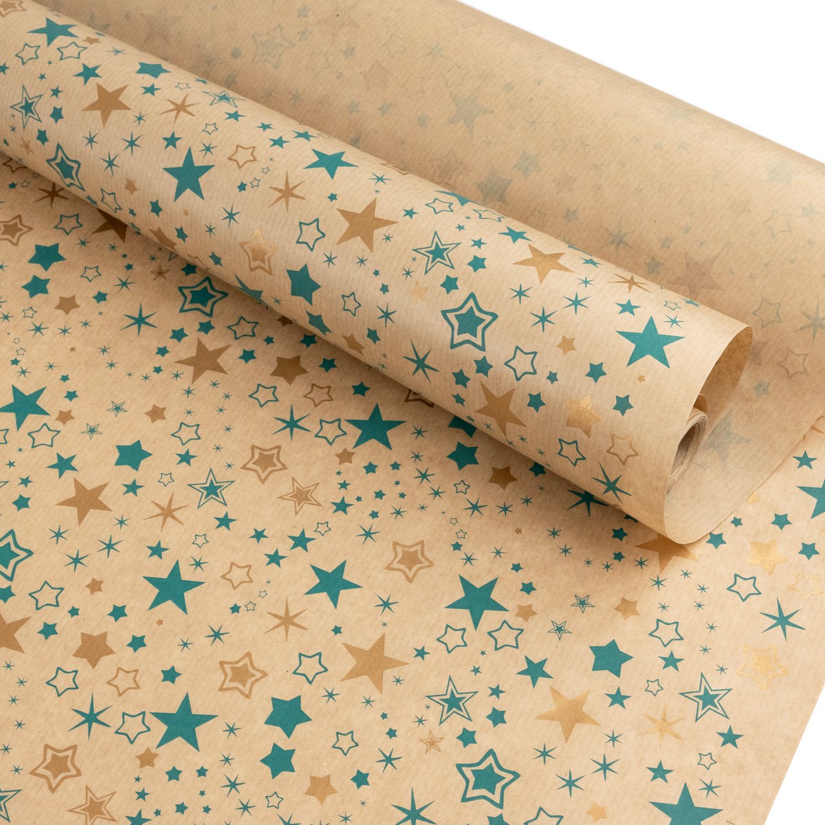 Бумага упаковочная крафт Звезды 40гр, 72 см 10 м, натуральный/изумрудный в интернет-магазине флористических аксессуаров Азалия Декор