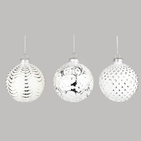 Украшение подвесное Шар (стекло), D8см, белый/серебряный в интернет-магазине флористических аксессуаров Азалия Декор