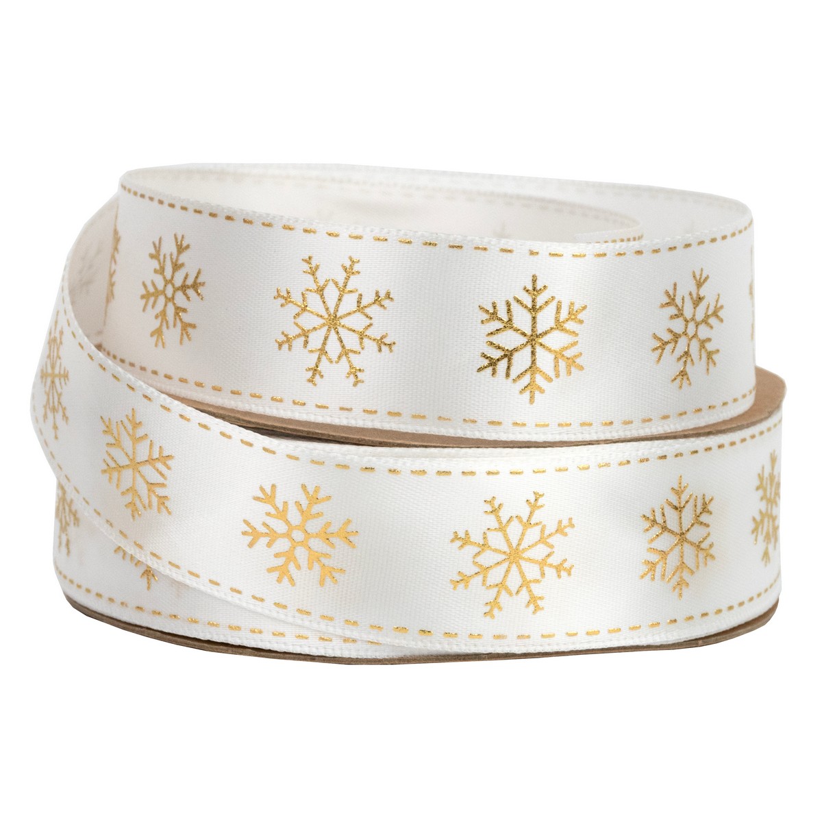 Лента Снежинки (полиэстер), 25 мм 10 м, белый/золотой в интернет-магазине флористических аксессуаров Азалия Декор