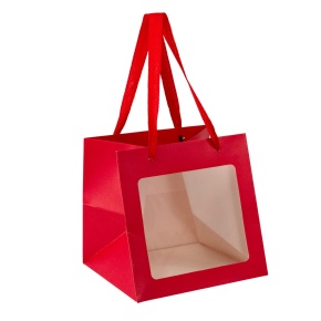 Пакет подарочный с прозрачной вставкой (крафт), 20x20x20см (в уп. 12шт.), красный в интернет-магазине флористических аксессуаров Азалия Декор