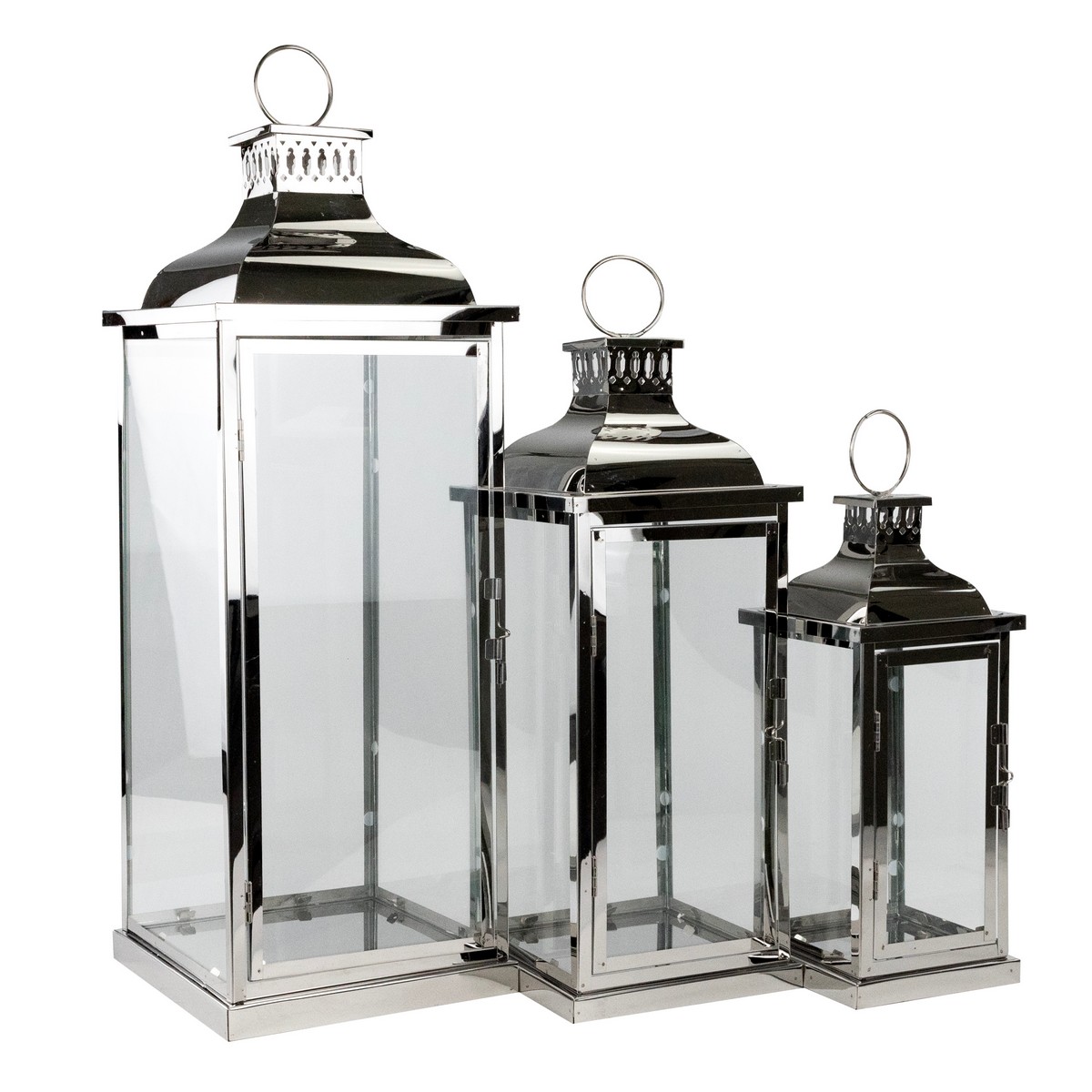 Набор фонарей 3шт. (металл/стекло), 20x20xH55см, серебряный в интернет-магазине флористических аксессуаров Азалия Декор
