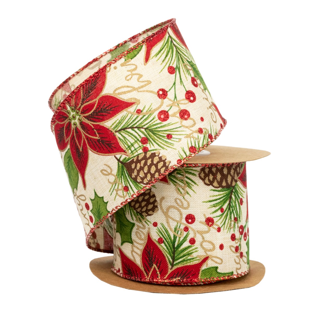 Лента Пуансетия (полиэстер), 63 мм 5 м, натуральный/красный в интернет-магазине флористических аксессуаров Азалия Декор