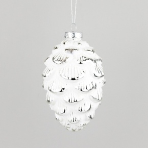 Украшение подвесное Шишка (стекло), 13х8см, белый/серебряный в интернет-магазине флористических аксессуаров Азалия Декор