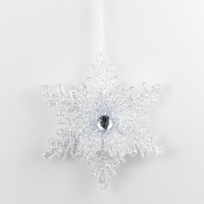 Украшение подвесное Снежинка с глиттером (пластик), 14см, белый в интернет-магазине флористических аксессуаров Азалия Декор